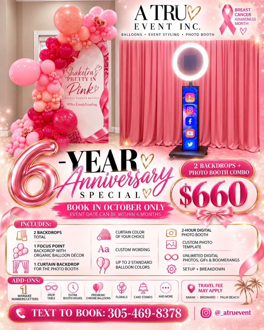 A Tru Event Inc. 6-Year Anniversary Special flyer — $660 for two backdrops and a photo booth combo, book by October 31st.